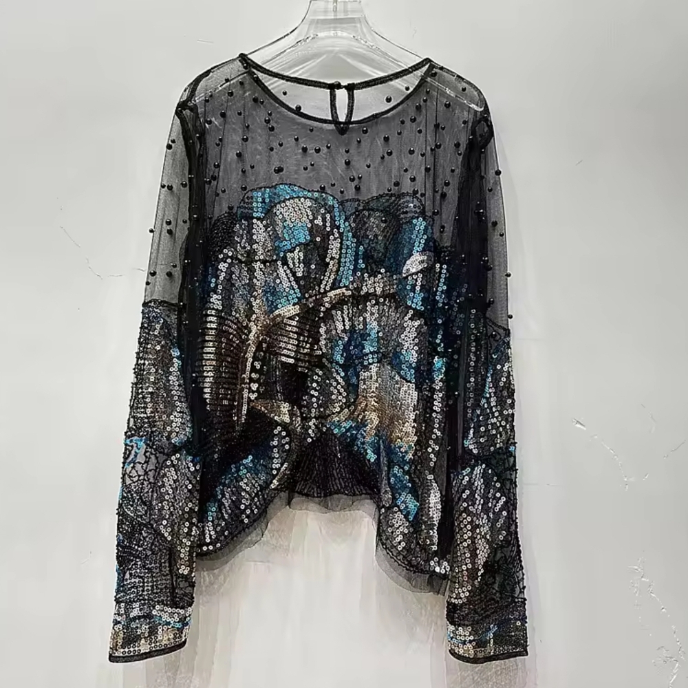 Luxury Women Sequins Floral Embroidery Golden Blouses - Picture 5 of 6